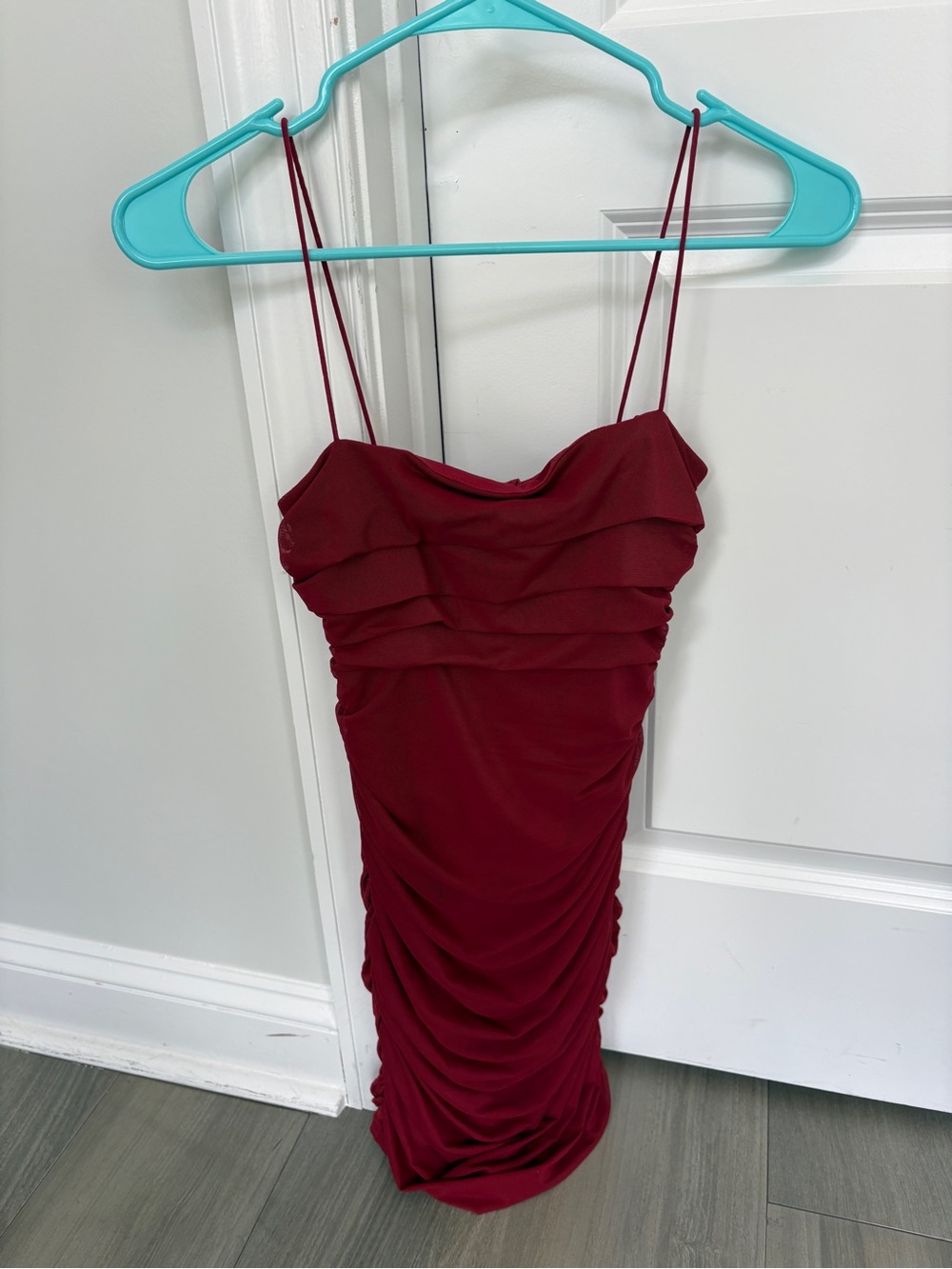 Princess Polly Burgundy Ruched Spaghetti-Strap Mini Dress